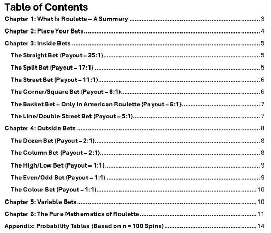 Games of Math Part III: The Mathematics of Roulette Formula Sheet
